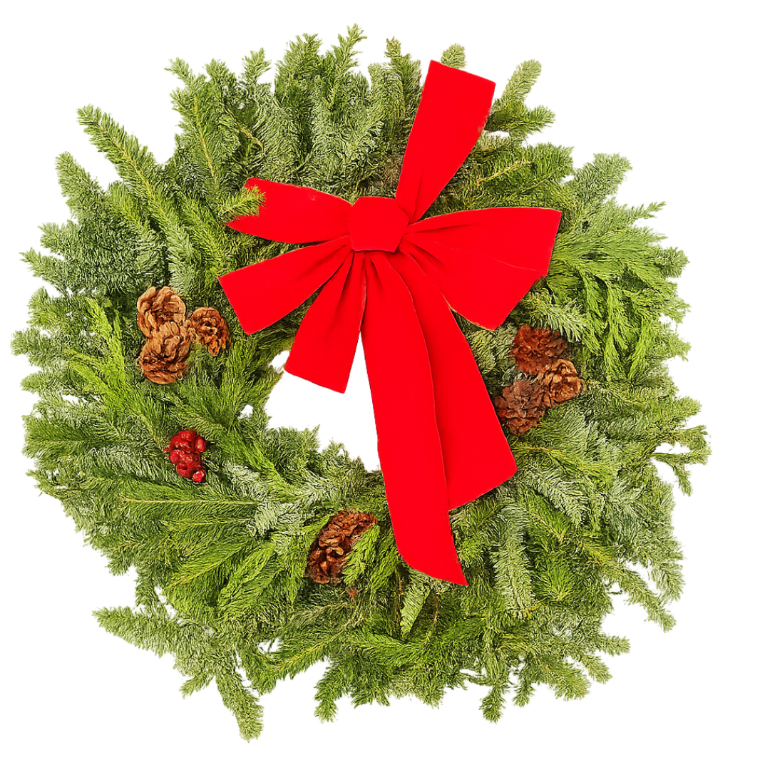 East meets West Decorated Wreath (Fraser, Noble, Cedar) 22" potted plant