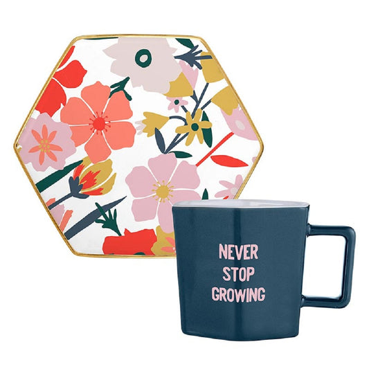 "Never Stop Growing" Hexagon Mug and Saucer Set in Floral Design